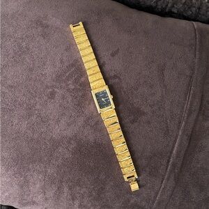 Vintage 80s Gold Tone Rectangular Watch - Textured Bark Bracelet, Black Dial